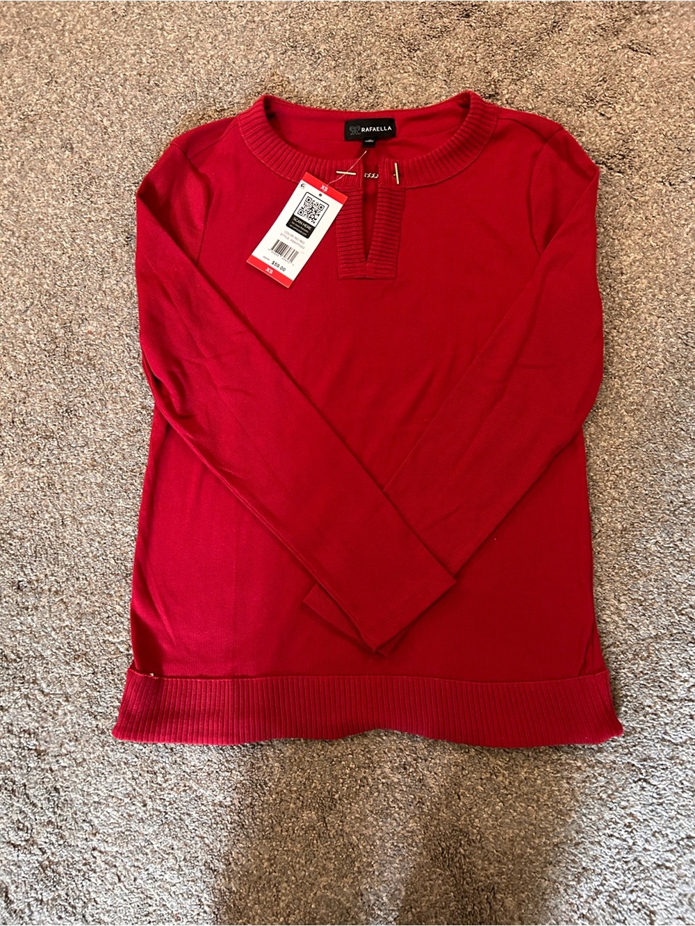 Rafaella Red Long-Sleeve V-Neck Knit Sweater